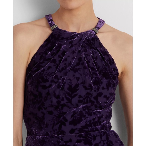 Ralph Lauren halter top floral velvet burnout design gown dress - Picture 3 of 13
